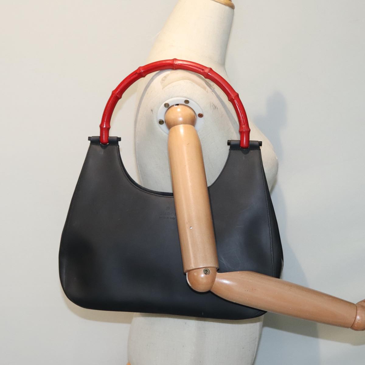 GUCCI Bamboo Hand Bag Leather Black Red Silver 001.3739 3444 90680