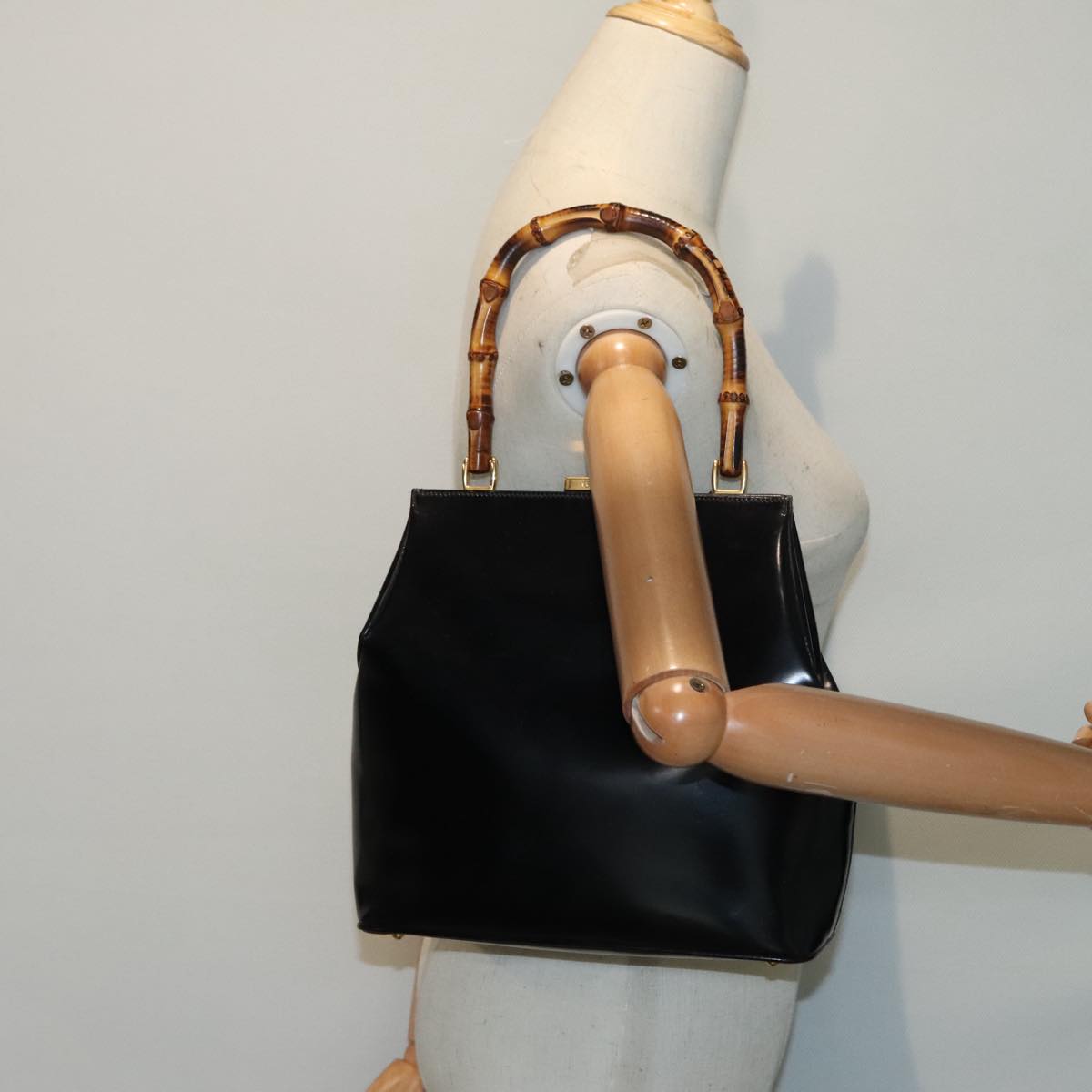 GUCCI Bamboo Hand Bag Leather Black Gold 000 781 0295 90684