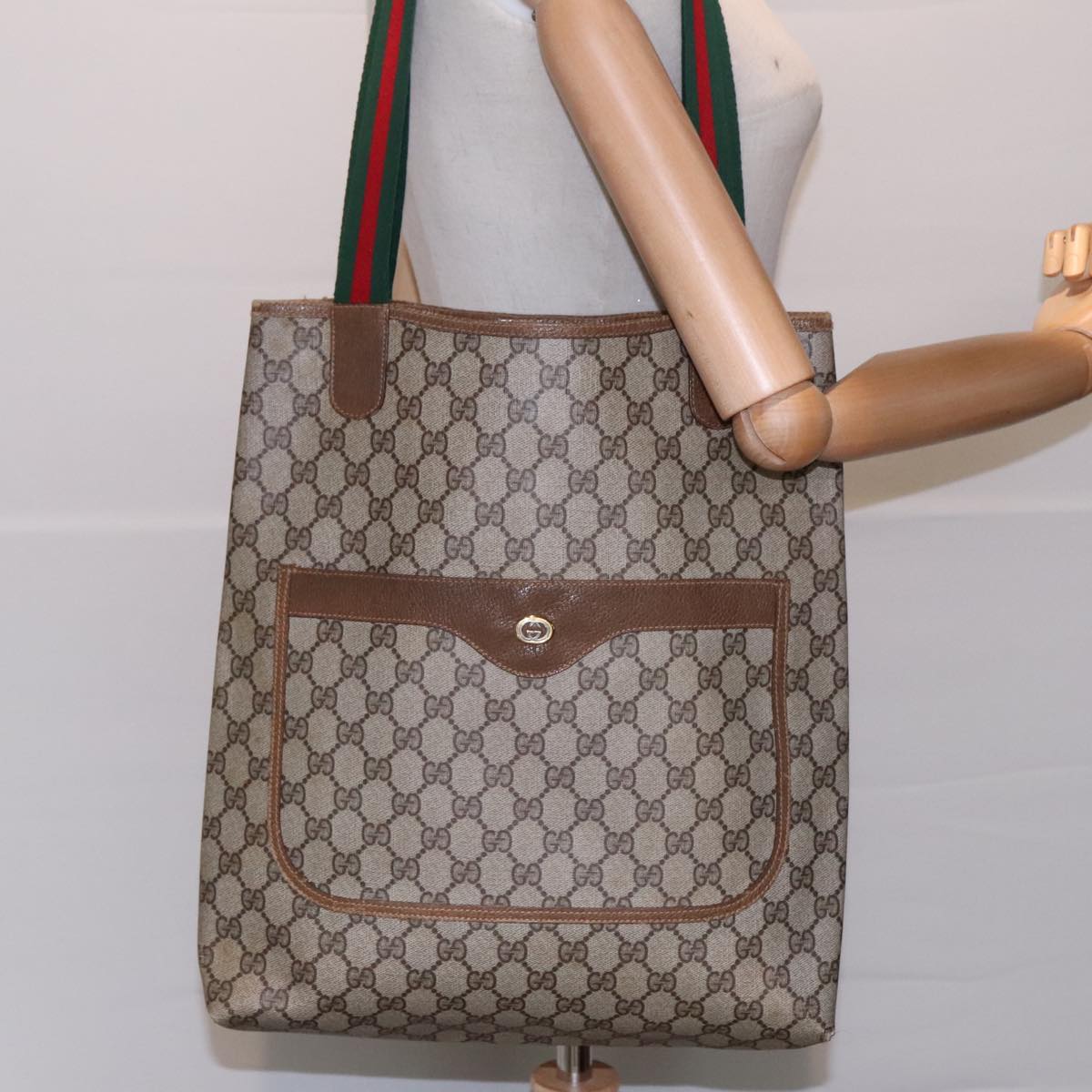 GUCCI GG Canvas Web Sherry Line Tote Bag PVC Leather Beige Green Red 90830