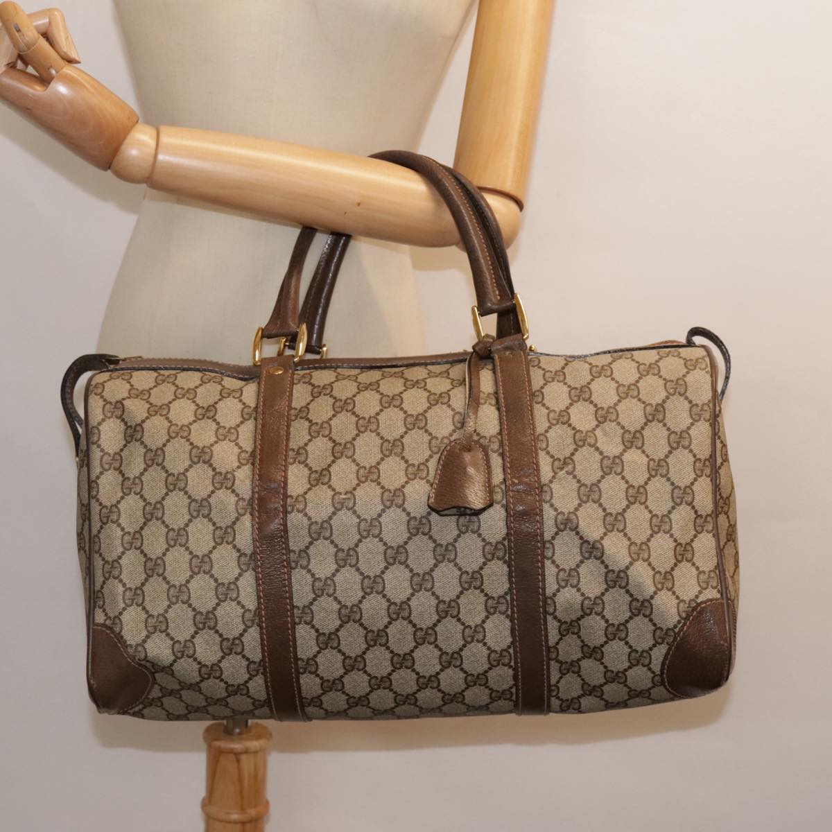 GUCCI GG Canvas Boston Bag PVC Leather Beige 90851