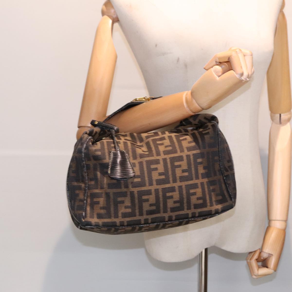 FENDI Zucca Canvas Hand Bag Brown Black Gold 91230