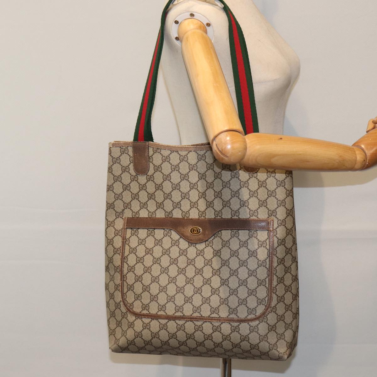 GUCCI GG Supreme Web Sherry Line Tote Bag PVC Leather Beige 39 02 003 91706