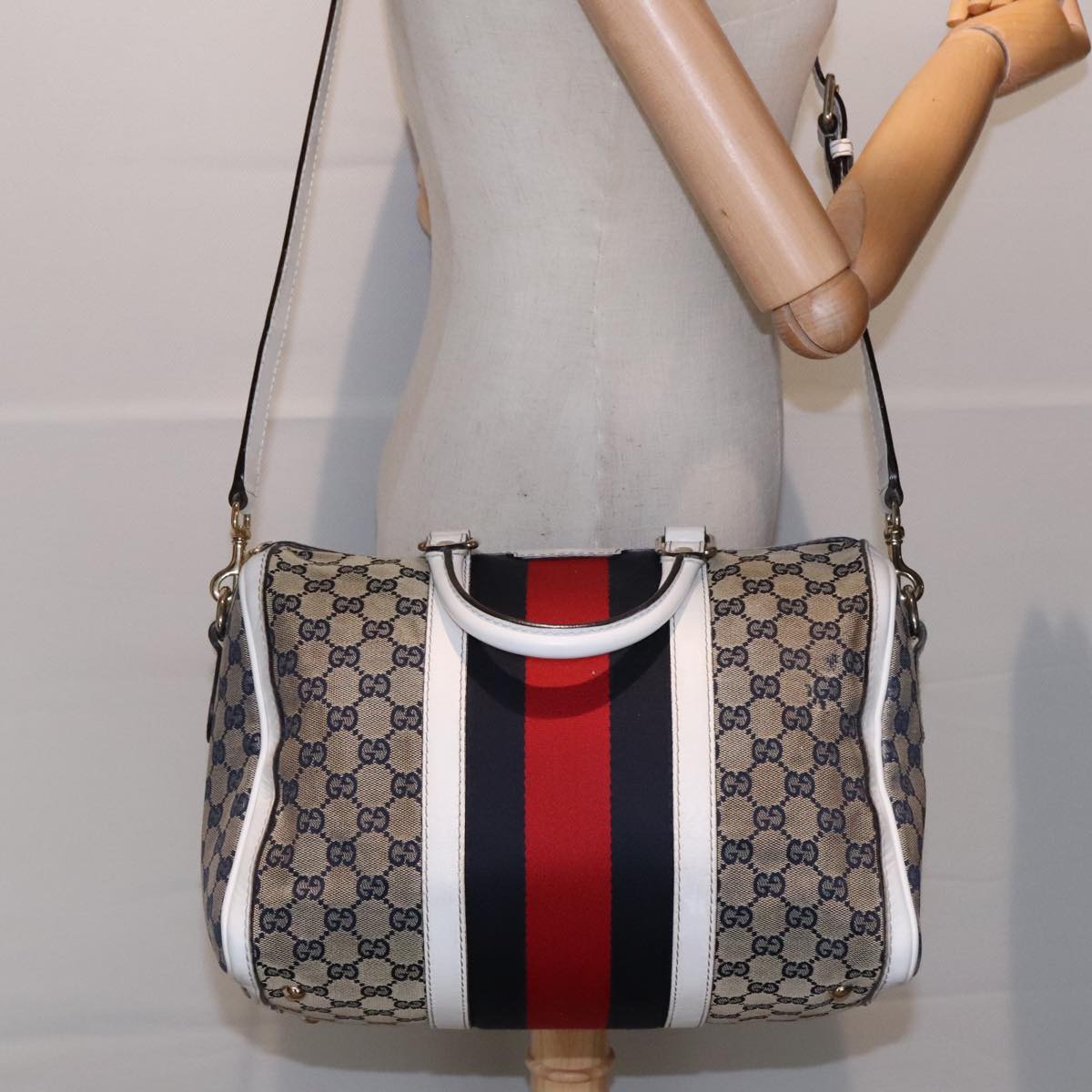 GUCCI GG Canvas Sherry Line Boston Bag 2way Navy White Silver 247205 91845