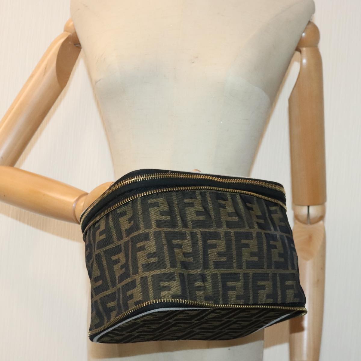 FENDI Zucca Canvas Vanity Pouch Brown Black gold 92315