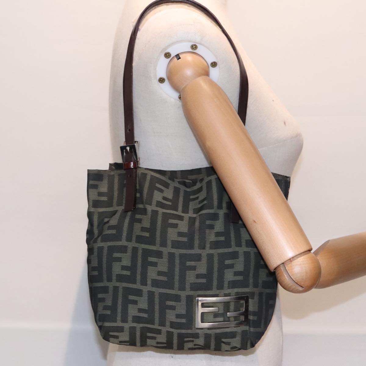 FENDI Hand Bag Zucca Canvas Brown Black Silver 92555