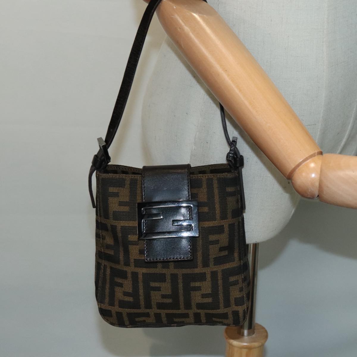 FENDI Zucca Canvas Mamma Baguette Shoulder Bag Black Silver Brown 93258