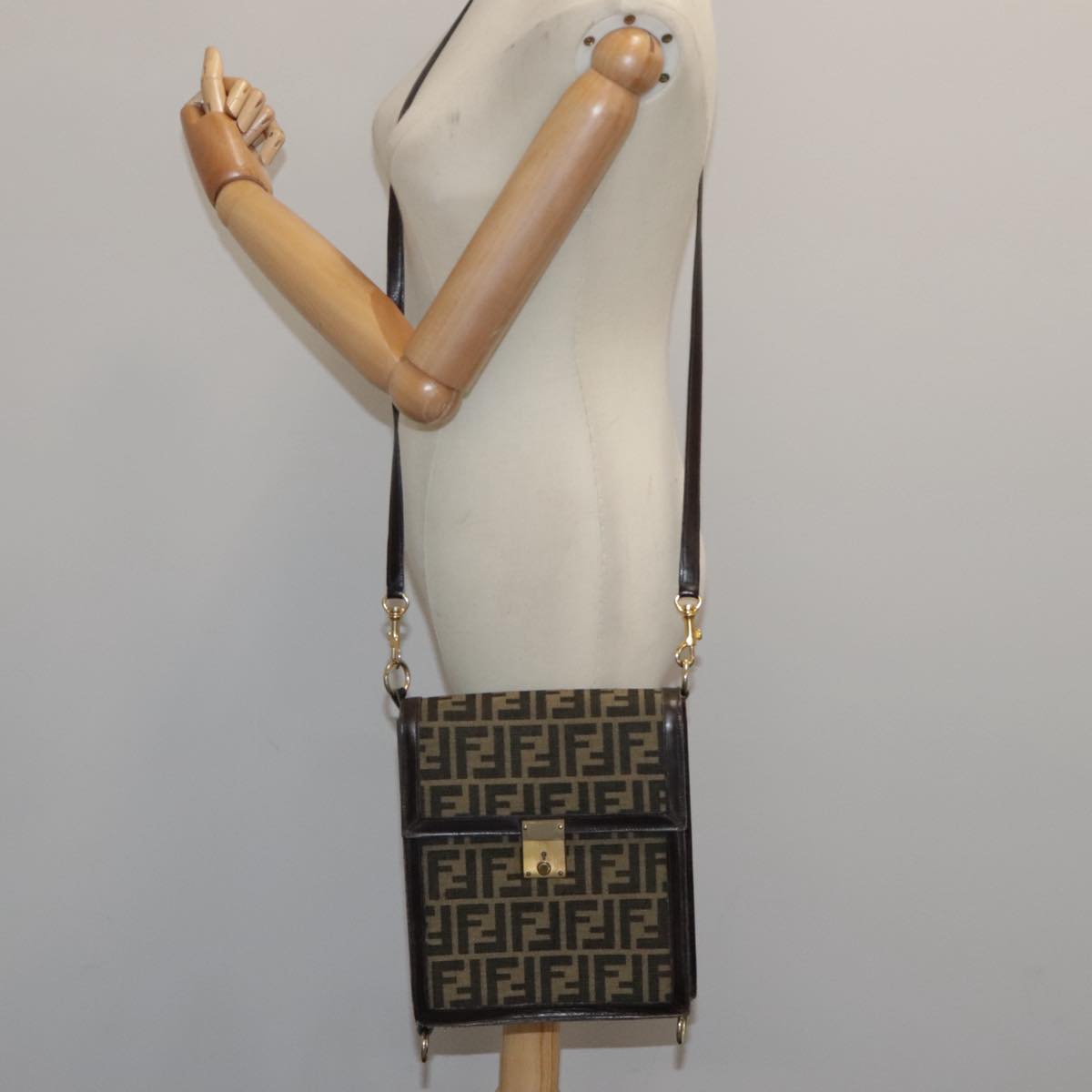 FENDI Zucca Canvas Shoulder Bag Brown Black Gold 94107