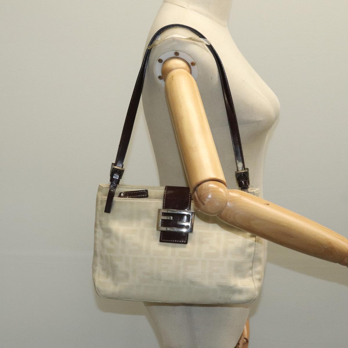 FENDI Zucca Canvas Mamma Baguette Shoulder Bag White Silver 94184