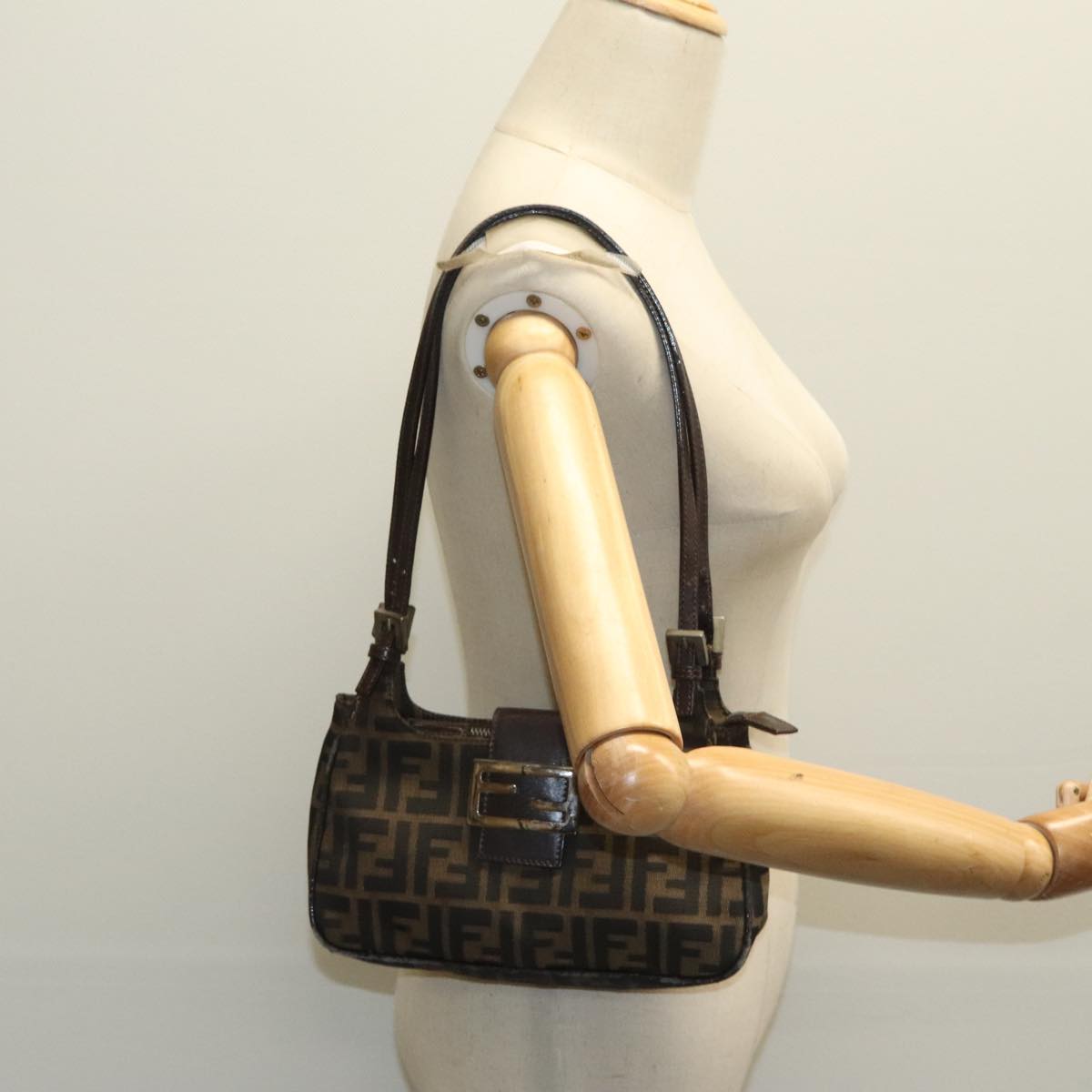 FENDI Zucca Canvas Mamma Baguette Shoulder Bag Black Brown 94185