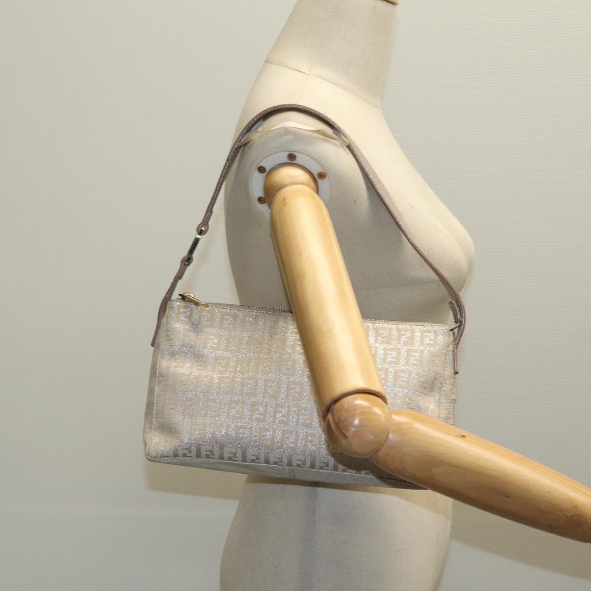 FENDI Zucchino Canvas Shoulder Bag Beige Gold 94187