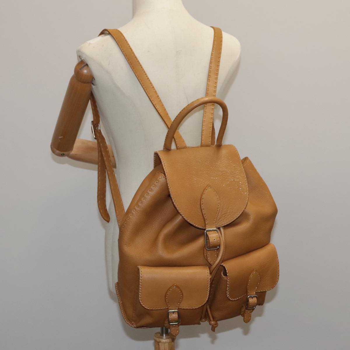 FENDI Backpack Leather Gold Brown 94235