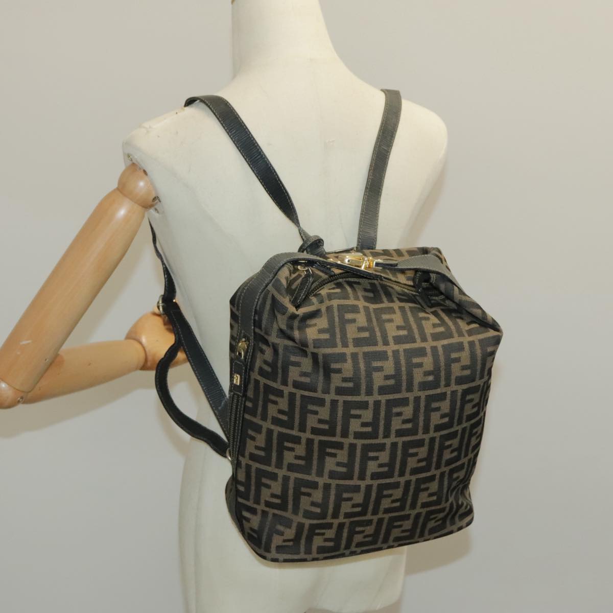 FENDI Zucca Canvas Backpack Brown Black Gold 94295