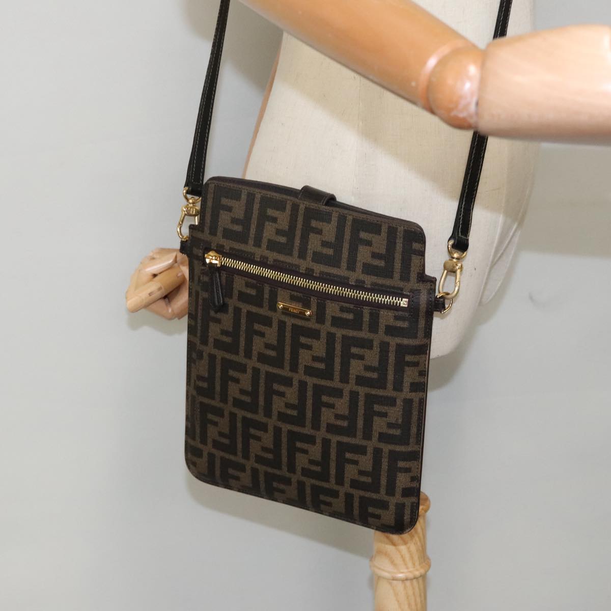 FENDI Zucca Canvas Shoulder Bag Black Brown gold 94296