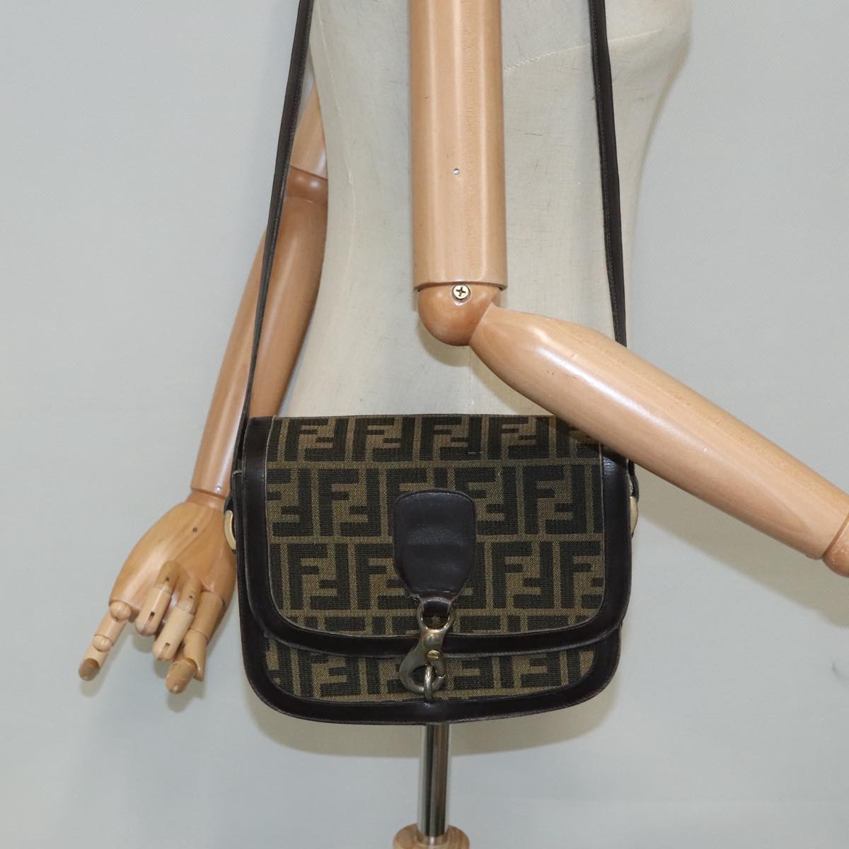 FENDI Zucca Canvas Shoulder Bag Brown Black gold 94691