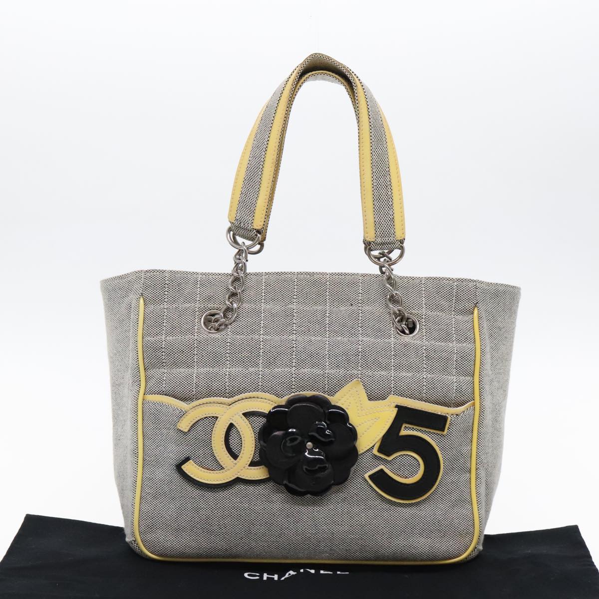 CHANEL Camelia Hand Bag No5 Canvas Gray Silver CC 94827A