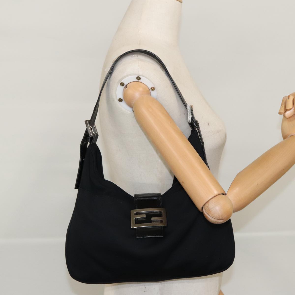 FENDI Mamma Baguette Shoulder Bag Nylon Leather Black Silver 95327