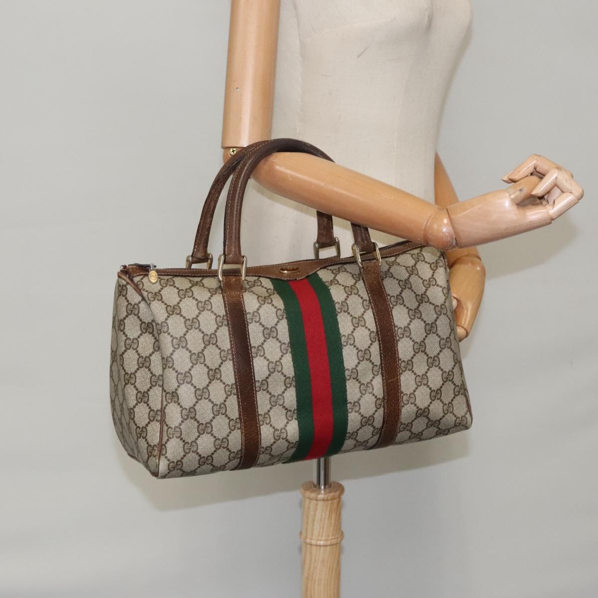 GUCCI GG Supreme Web Sherry Line Boston Bag PVC Beige Red 010 378 95820