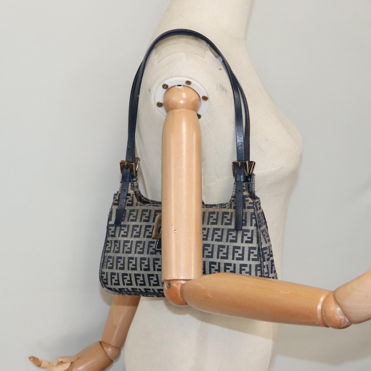 FENDI Zucchino Canvas Mamma Shoulder Bag Navy Silver 96172