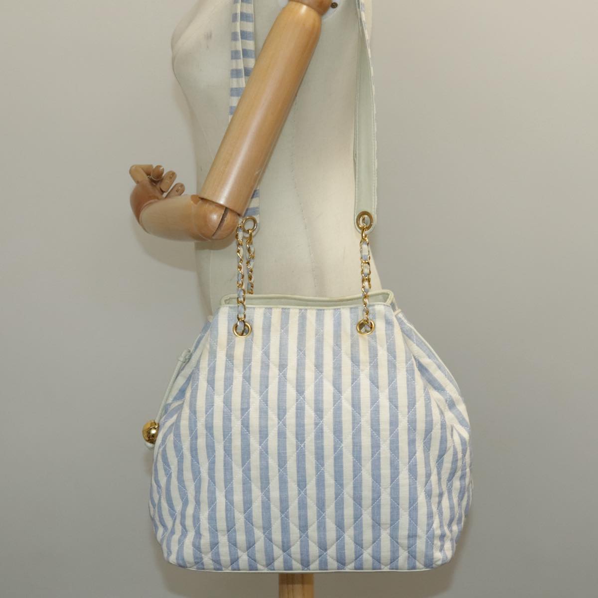 CHANEL Shoulder Bag Canvas Gold Blue CC 96215A