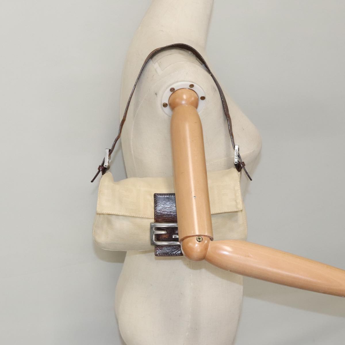 FENDI Zucca Canvas Mamma Baguette Shoulder Bag Beige Silver 96599