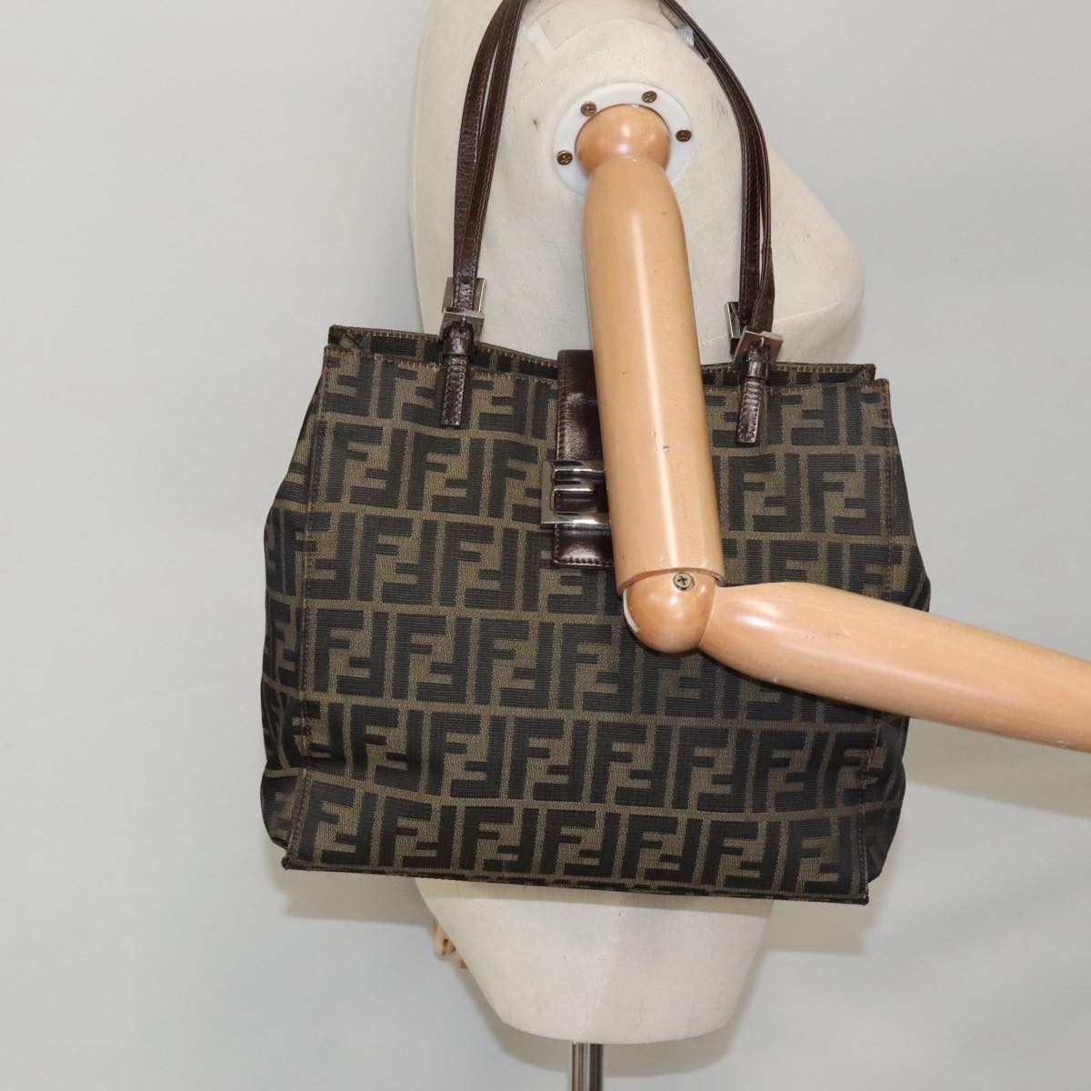 FENDI Zucca Canvas Mamma Baguette Shoulder Bag Black Brown Silver 96636