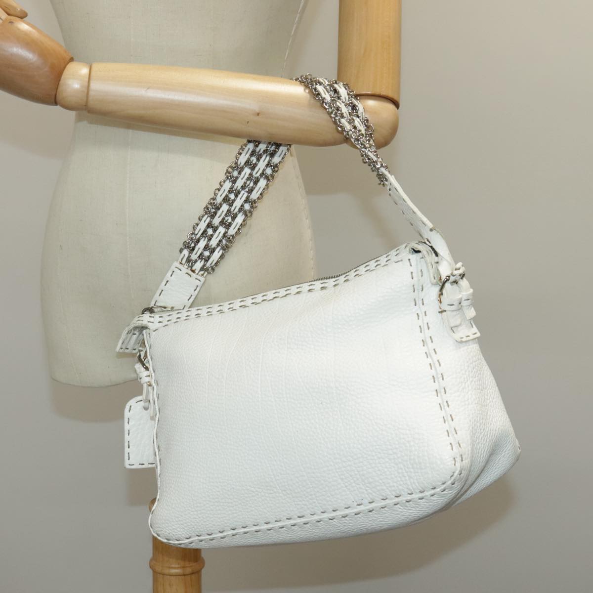 FENDI Shoulder Bag Leather White Silver 96639
