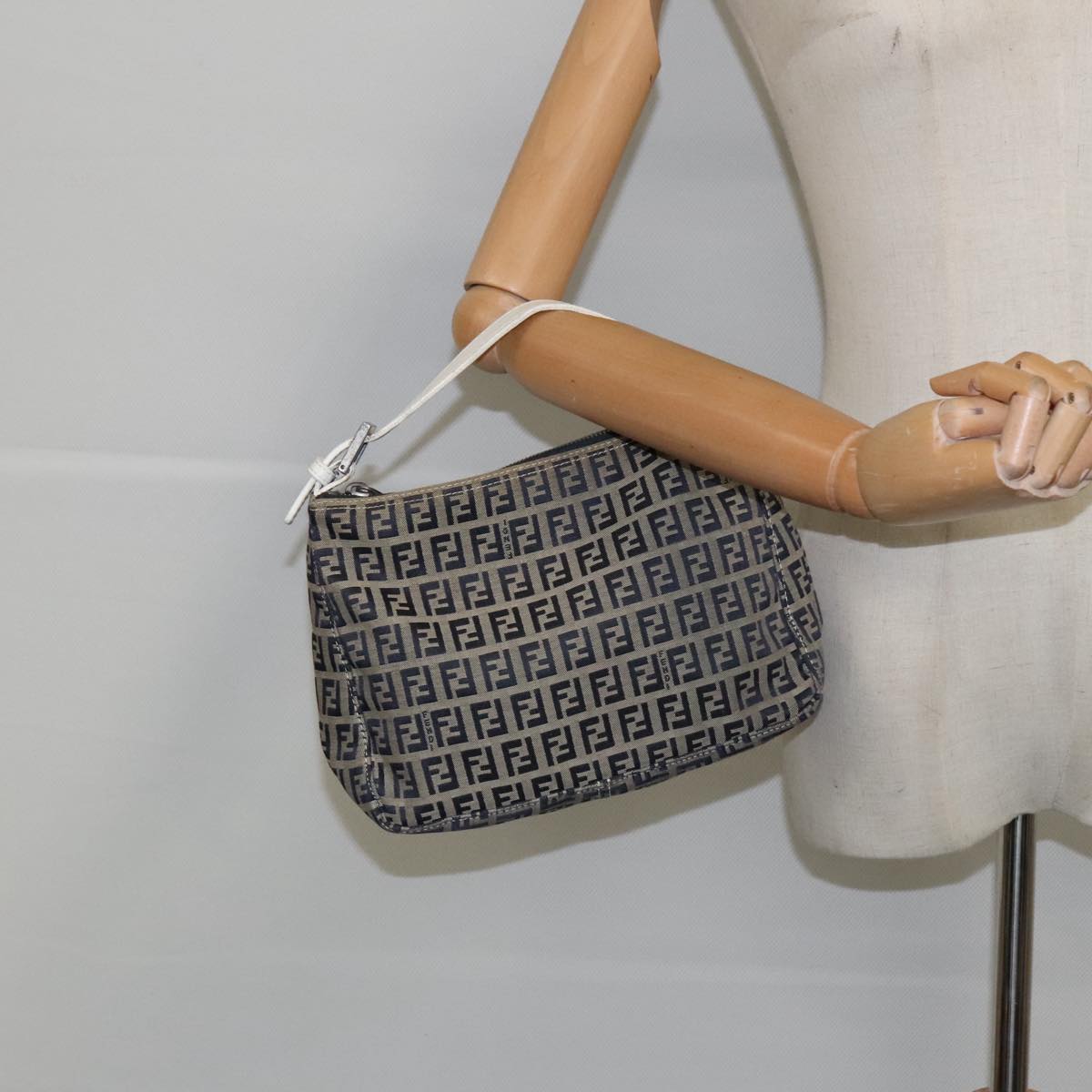 FENDI Zucchino Canvas Hand Bag Navy Silver 96939