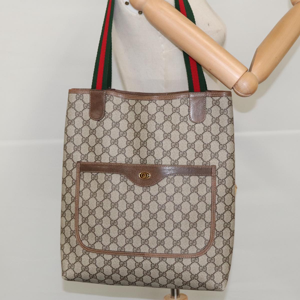 GUCCI GG Supreme Webshire Line Tote Bag PVC Leather Beige 39 02 003 97160
