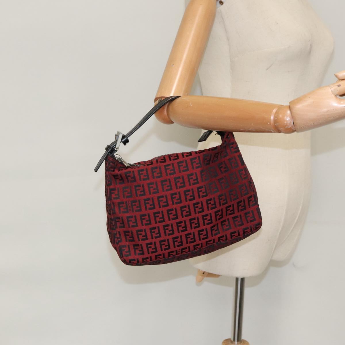 FENDI Zucchino Canvas Hand Bag Red Silver 97411