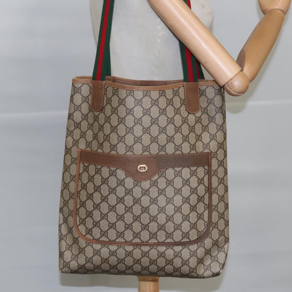 GUCCI GG Supreme Web Sherry Line Tote Bag PVC Leather Beige 89 02 003 97523
