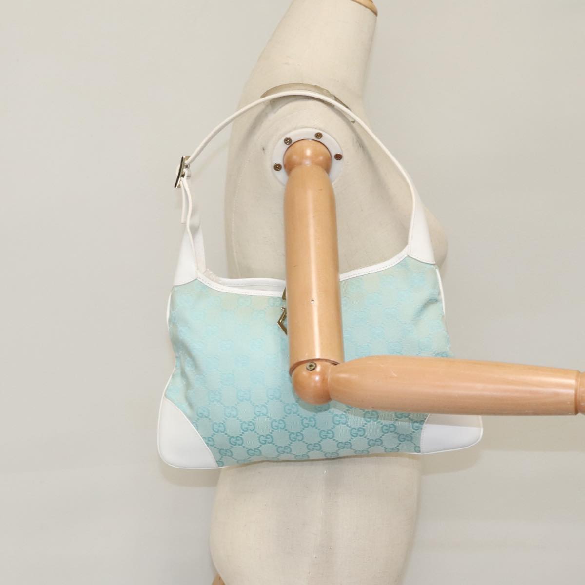 GUCCI Jackie GG Canvas Shoulder Bag Light Blue Gold 001 4057 97615