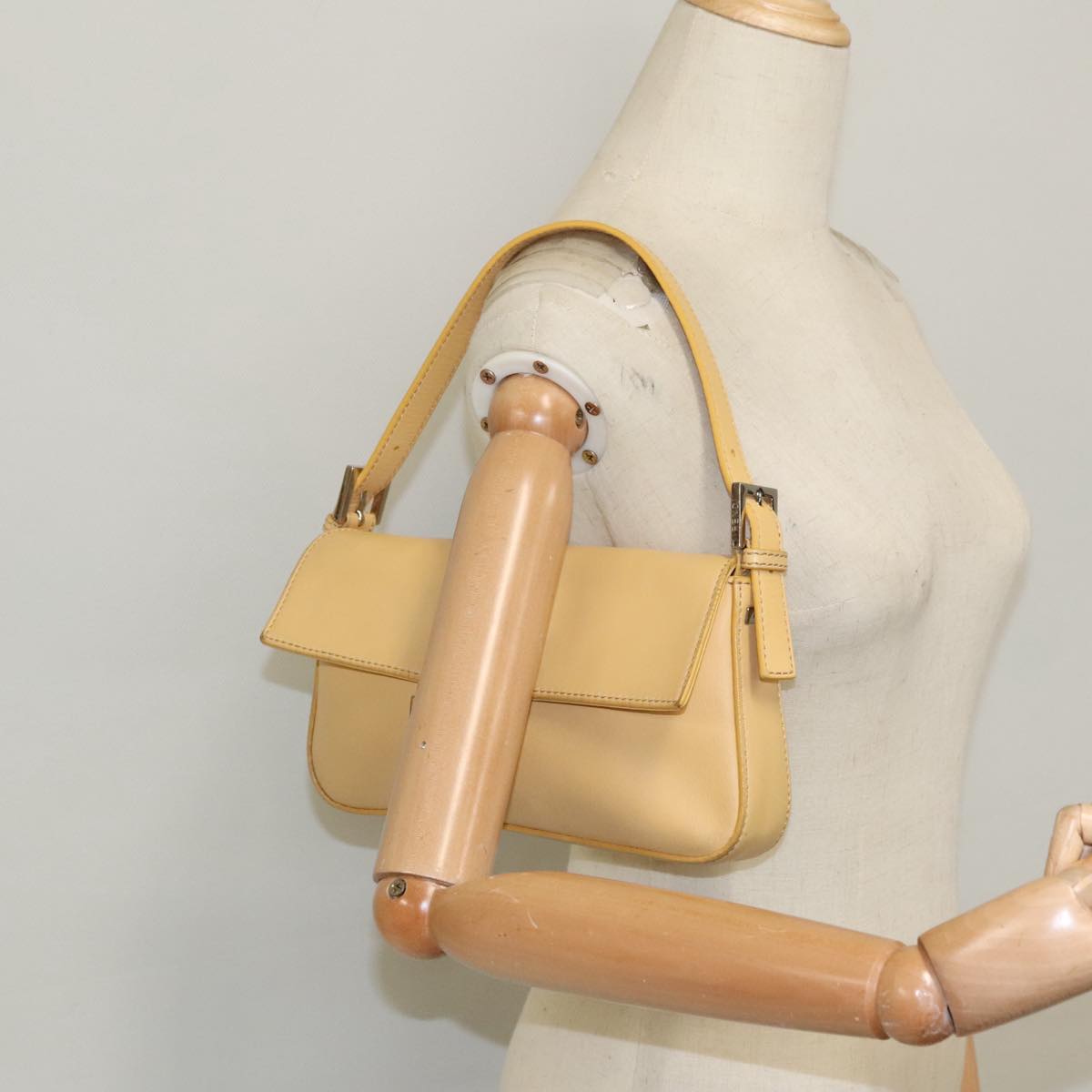 FENDI Mamma Baguette Shoulder Bag Leather 2way Beige Silver 97736
