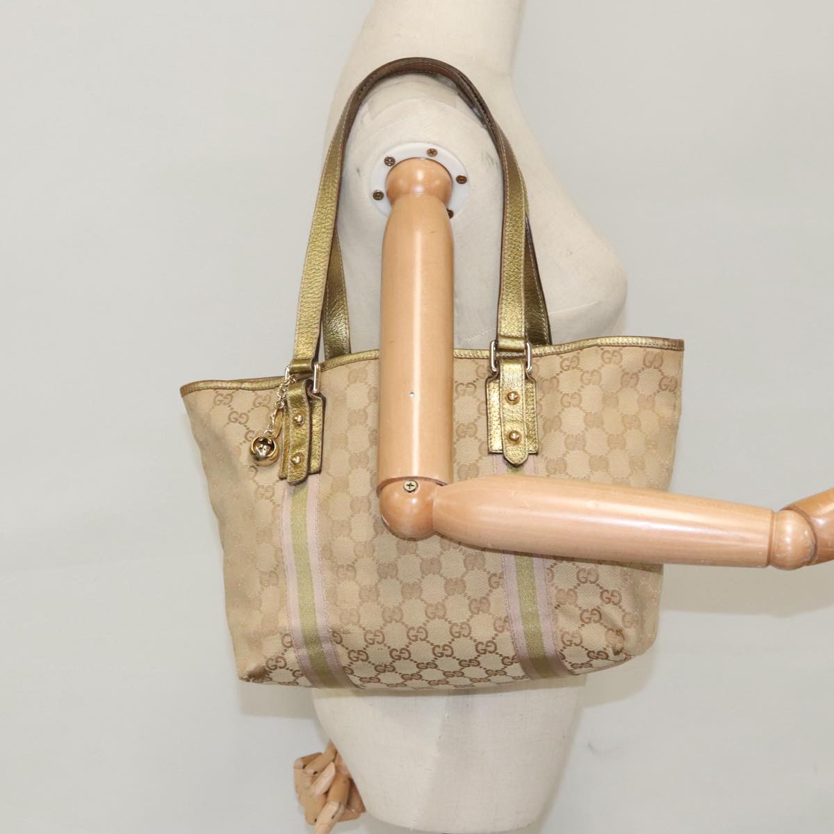GUCCI GG Canvas Sherry Line Tote Bag Beige Gold pink 137396 98092
