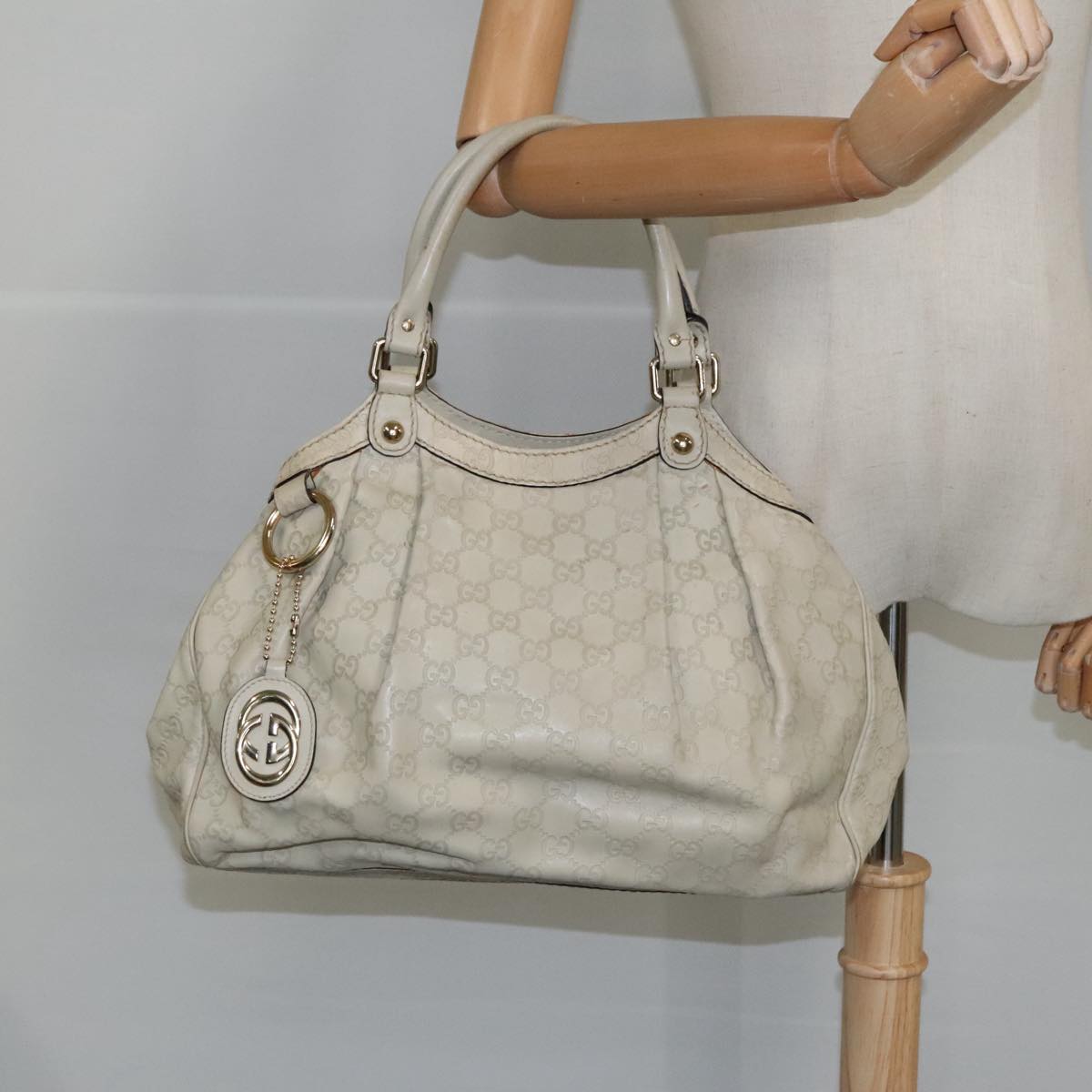 GUCCI GG Canvas Guccissima Hand Bag Leather White Gold 211944 98286