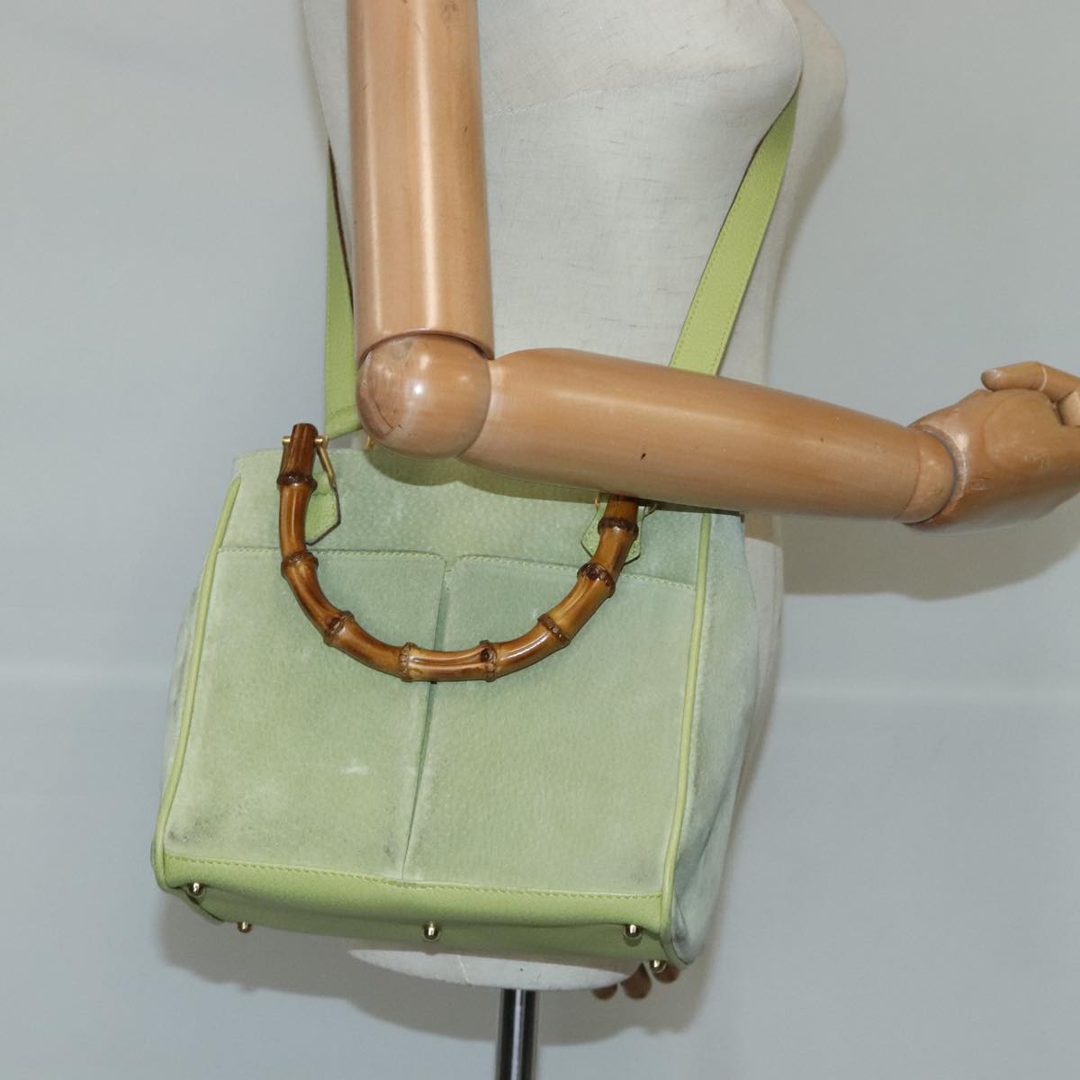 GUCCI Bamboo Hand Bag Suede 2way Gold Light green 000 122 0316 98469