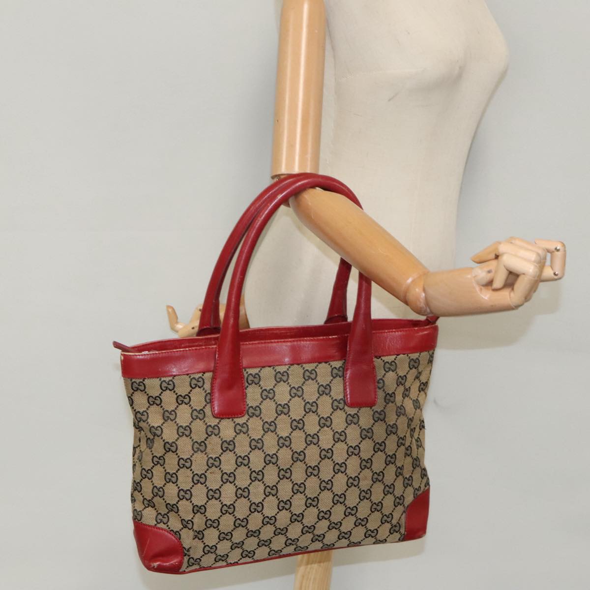 GUCCI GG Canvas Tote Bag Beige Silver Red 33890 98790
