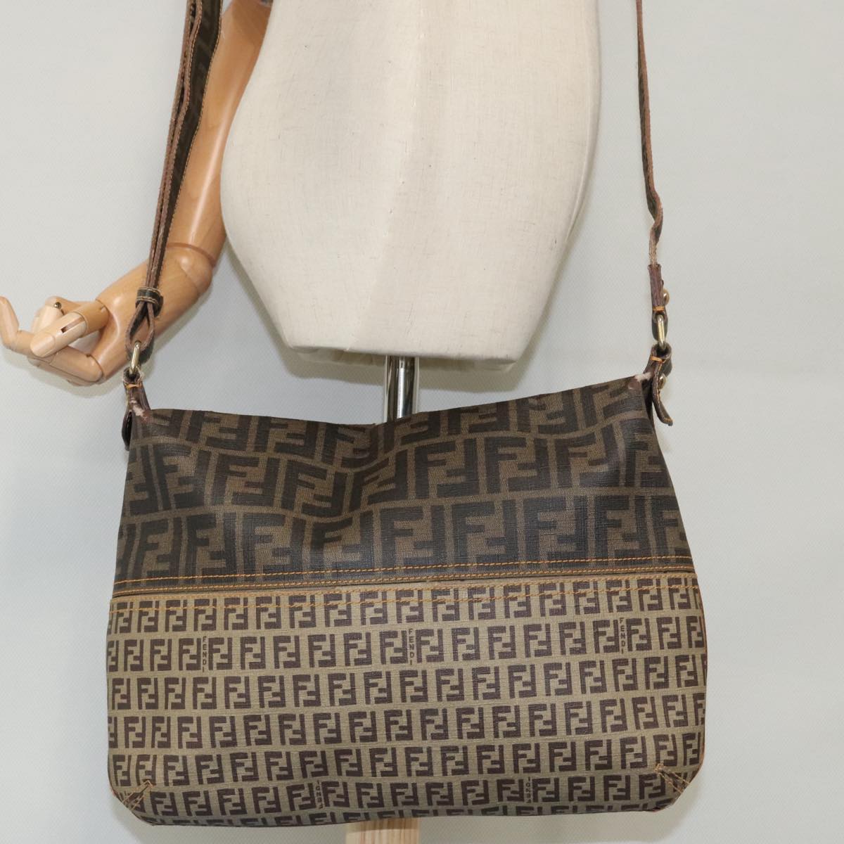 FENDI Zucca Canvas Zucchino Canvas Shoulder Bag Black Brown beige 98795