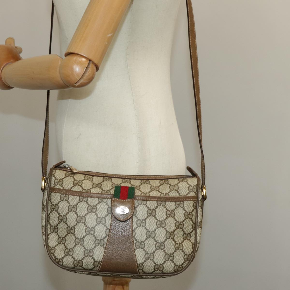 GUCCI GG Supreme Web Sherry Line Shoulder Bag PVC Beige 89 02 032 98837