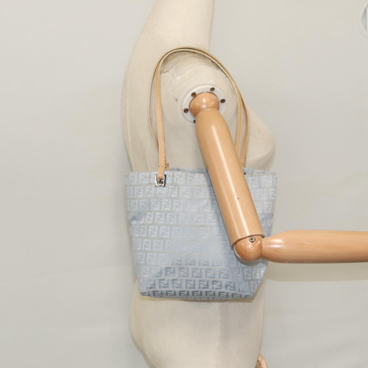 FENDI Zucchino Canvas Tote Bag Light Blue Silver 98887