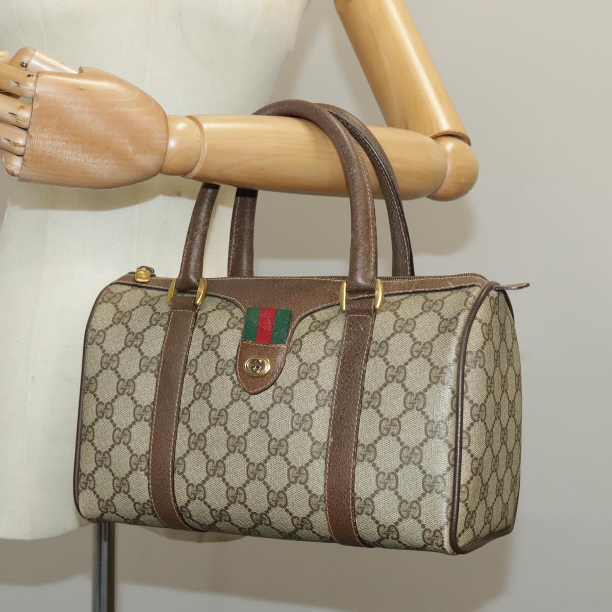 GUCCI GG Supreme Web Sherry Line Boston Bag PVC Beige Red 39 02 006 98939