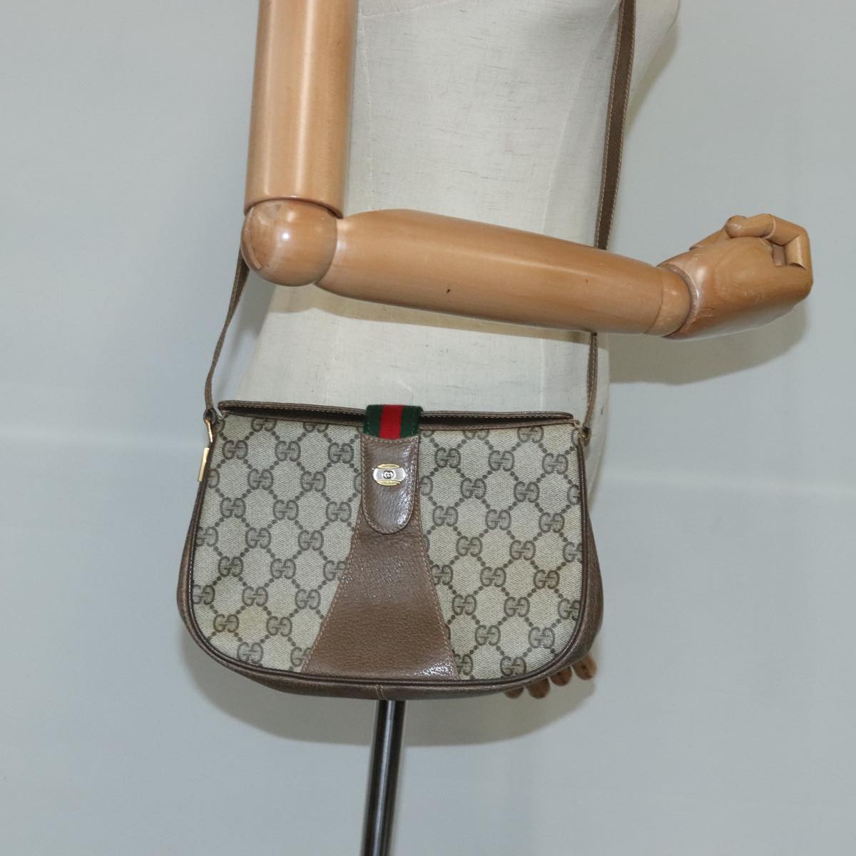 GUCCI GG Supreme Web Sherry Line Shoulder Bag PVC Beige Red 99030