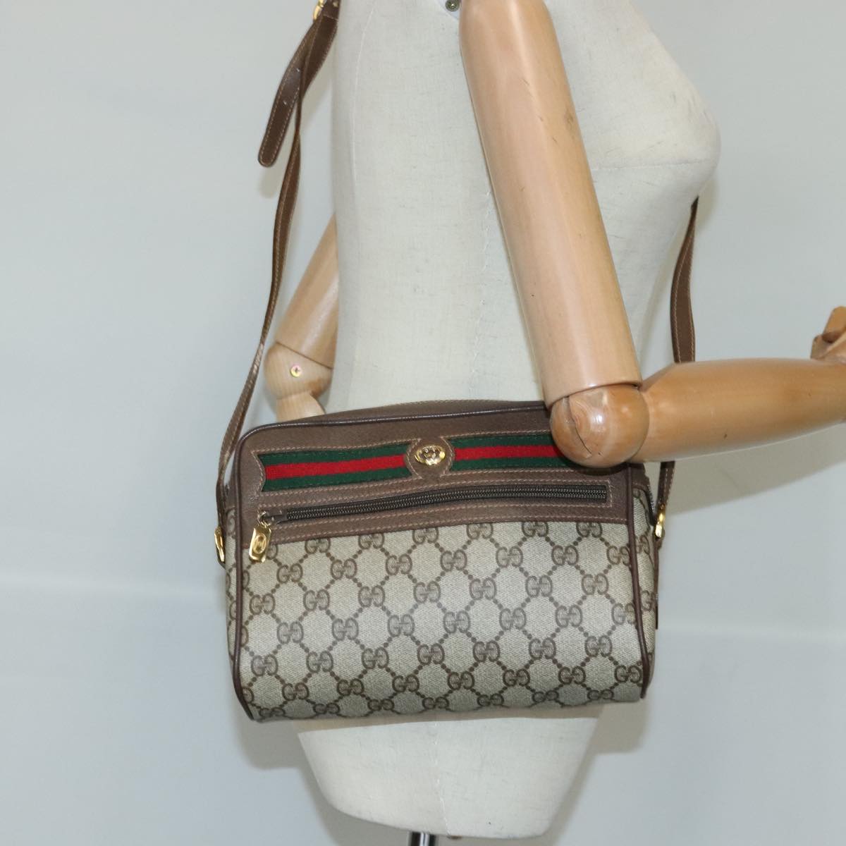 GUCCI GG Supreme Web Sherry Line Shoulder Bag PVC Beige Red 99136
