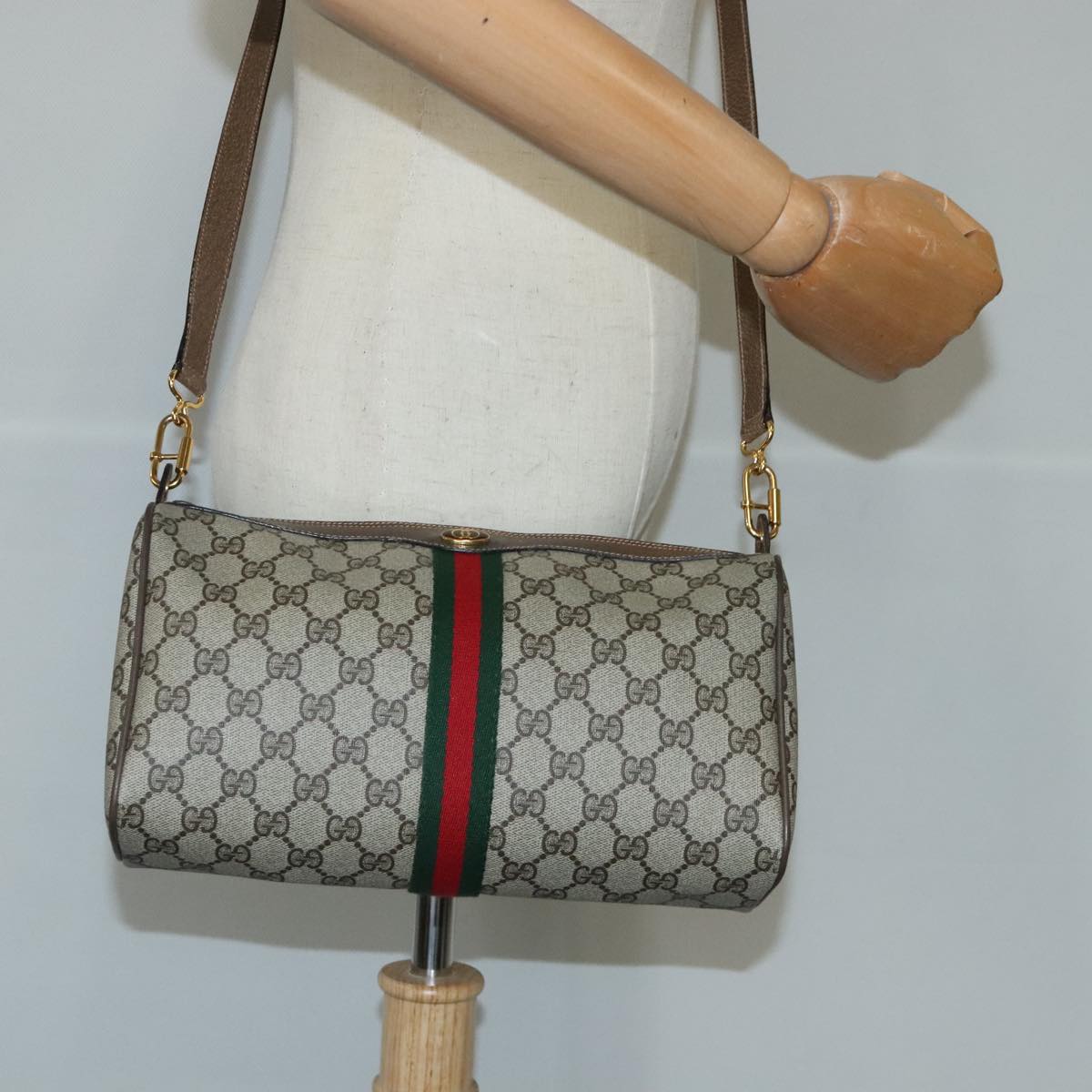 GUCCI GG Supreme Web Sherry Line Shoulder Bag PVC Beige Red 99138
