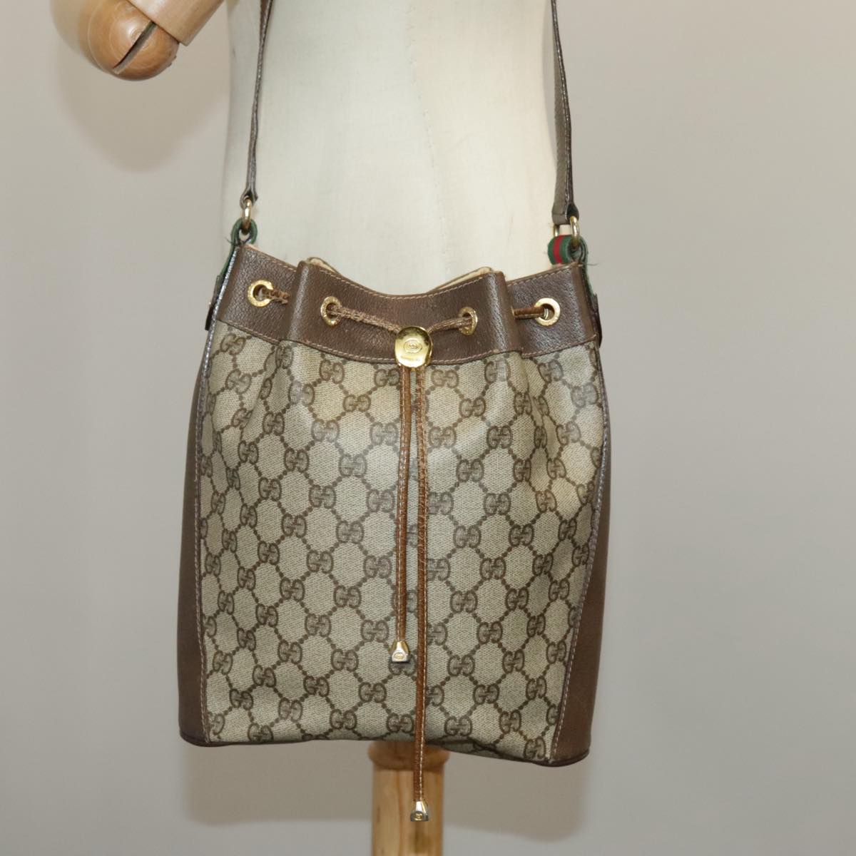 GUCCI GG Supreme Web Sherry Line Shoulder Bag PVC Beige 164 02 034 99316