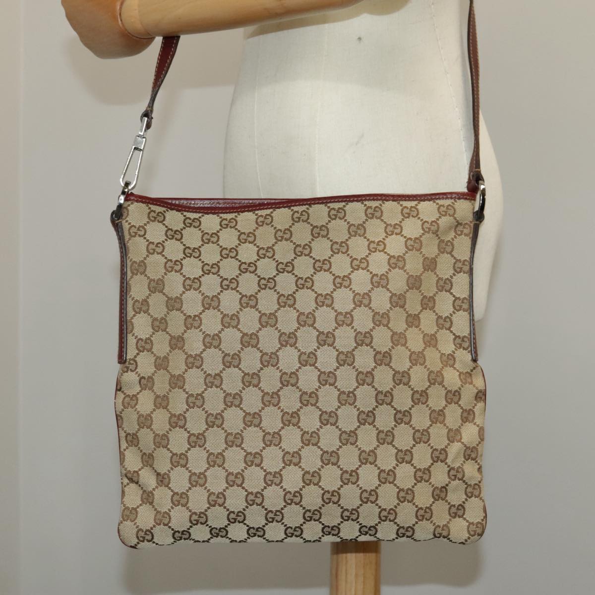 GUCCI GG Canvas Shoulder Bag Beige Silver 113013 99358