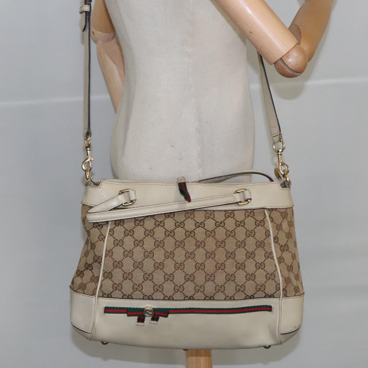 GUCCI GG Canvas Web Sherry Line Hand Bag 2way Beige Red 269894 99406