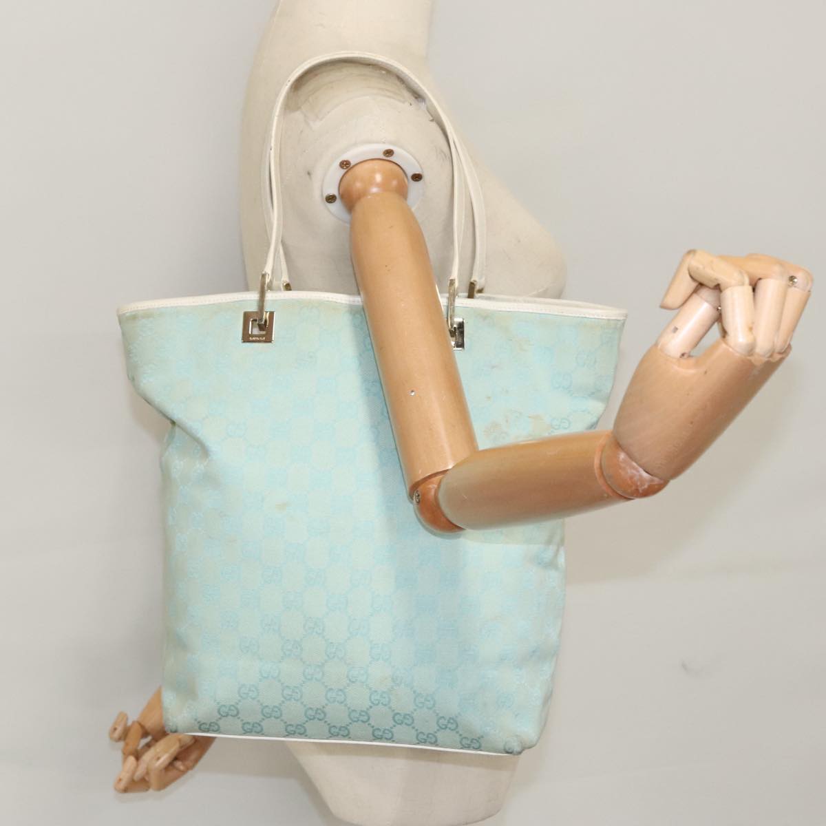 GUCCI GG Canvas Tote Bag Light Blue Gold 002 1098 99662