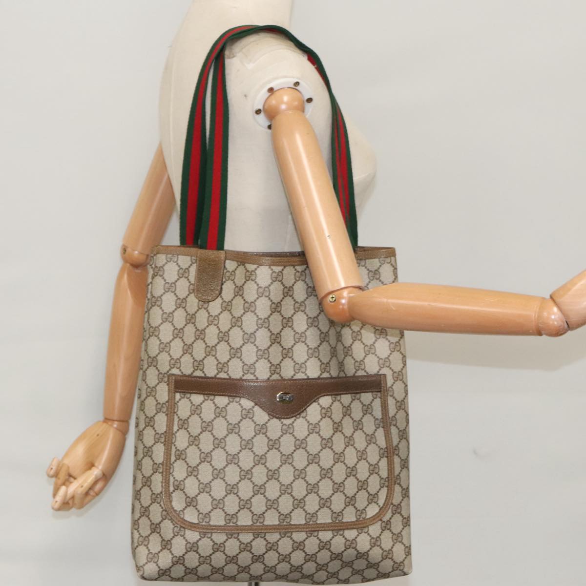 GUCCI GG Supreme Web Sherry Line Tote Bag PVC Beige Red 39 02 003 99689