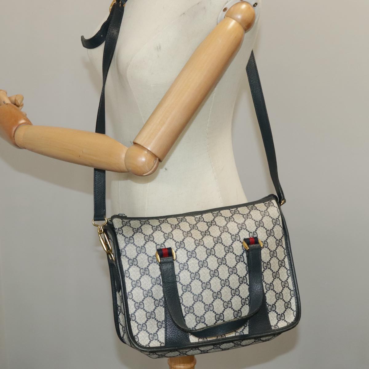 GUCCI GG Supreme Sherry Line Hand Bag PVC 2way Navy Red 58 02 039 99707