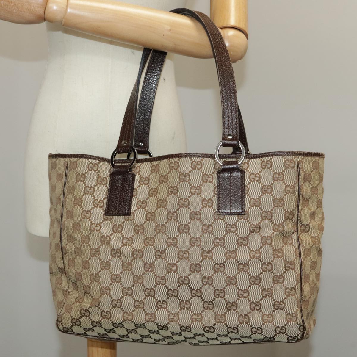 GUCCI GG Canvas Tote Bag Beige Silver 113017 99729
